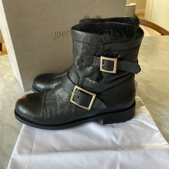 JIMMY CHOO Black Leather Combat Fur Lined Biker Boots 37 Worn Twice! - Picture 3 of 7